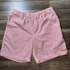 IZOD Mens Large Red White Striped Swim Trunks Shorts Preppy Nautical Beach